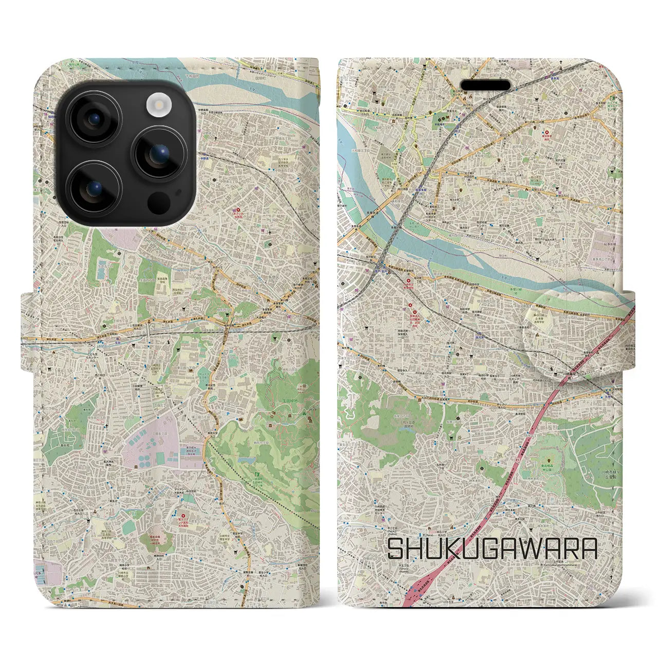 【宿河原(神奈川県)】地図柄iPhoneケース(手帳タイプ)ナチュラル・iPhone 16 用