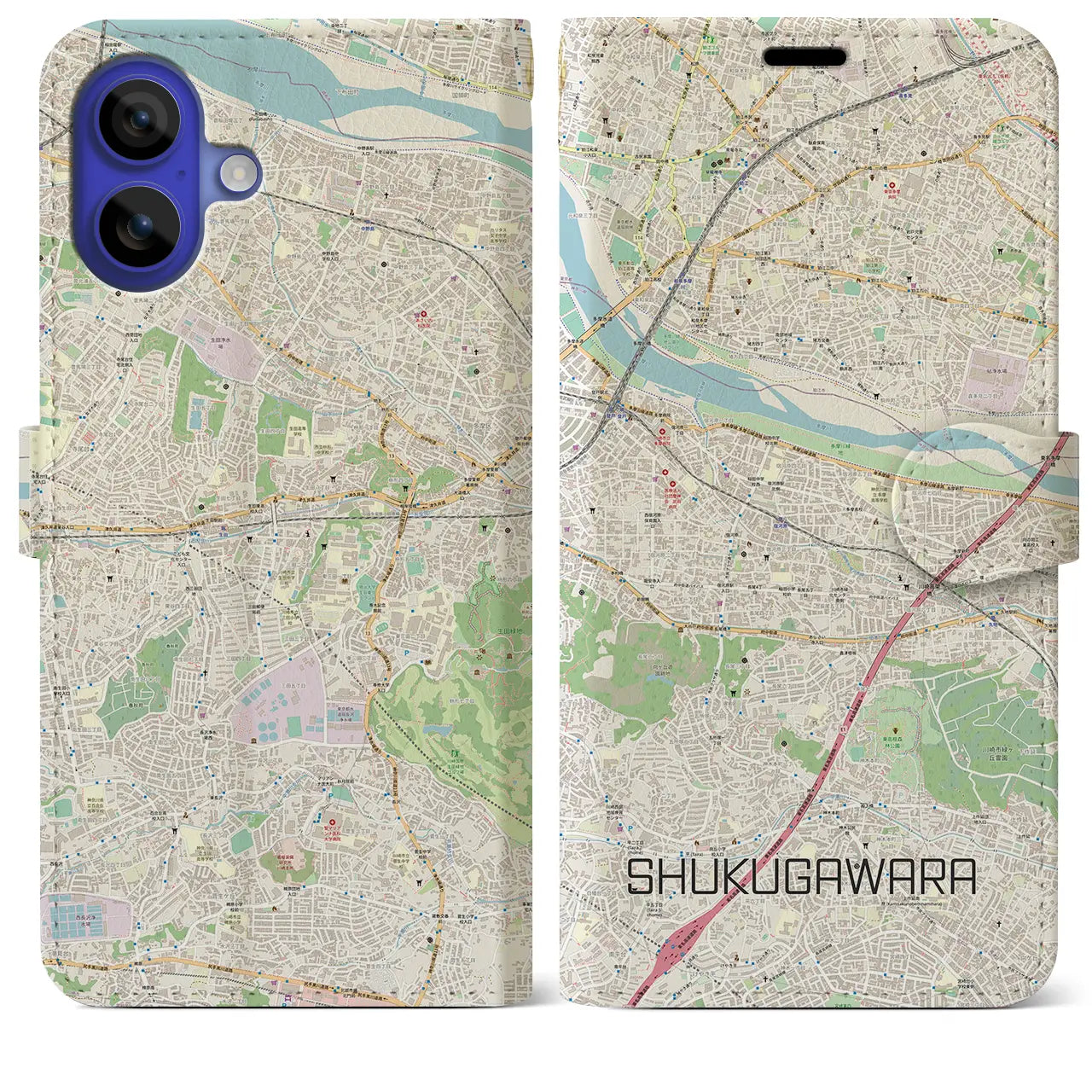 【宿河原(神奈川県)】地図柄iPhoneケース(手帳タイプ)ナチュラル・iPhone 16 Pro Max 用