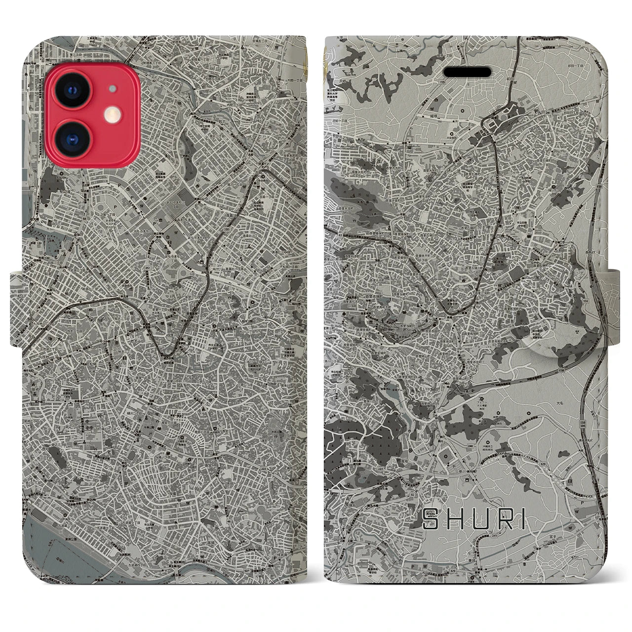 【首里(沖縄県)】地図柄iPhoneケース(手帳タイプ)モノトーン・iPhone 11 用