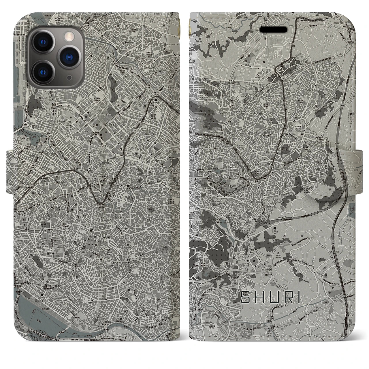 【首里(沖縄県)】地図柄iPhoneケース(手帳タイプ)モノトーン・iPhone 11 Pro Max 用