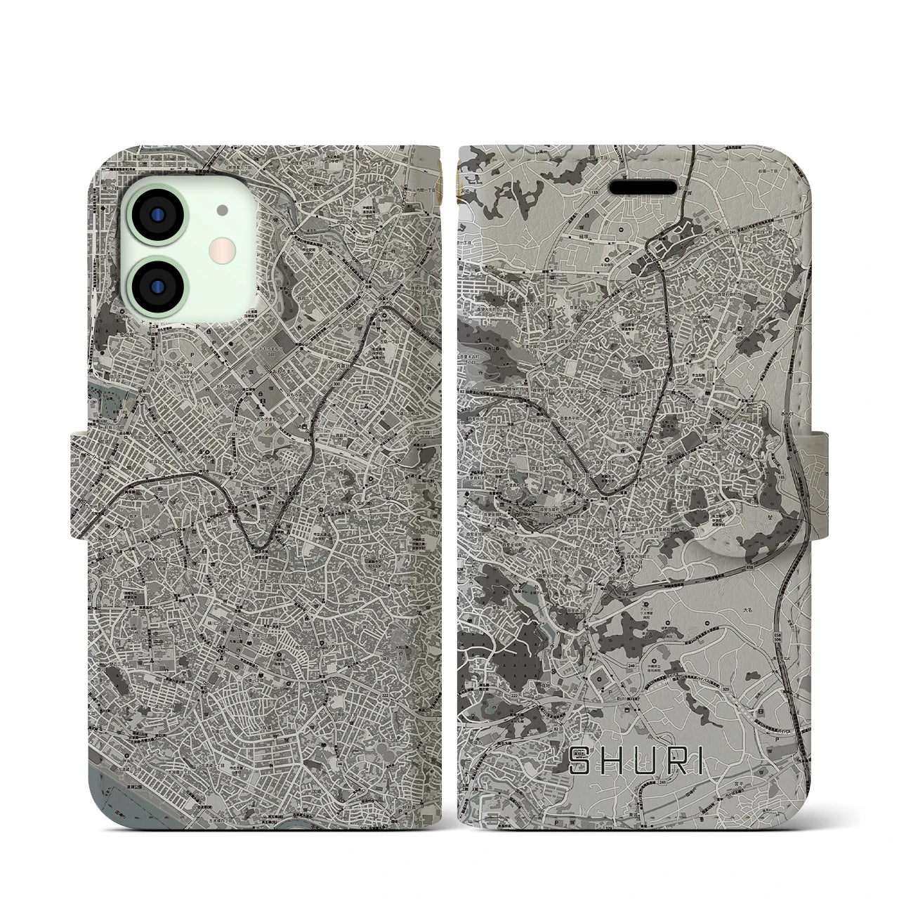 【首里(沖縄県)】地図柄iPhoneケース(手帳タイプ)モノトーン・iPhone 12 mini 用
