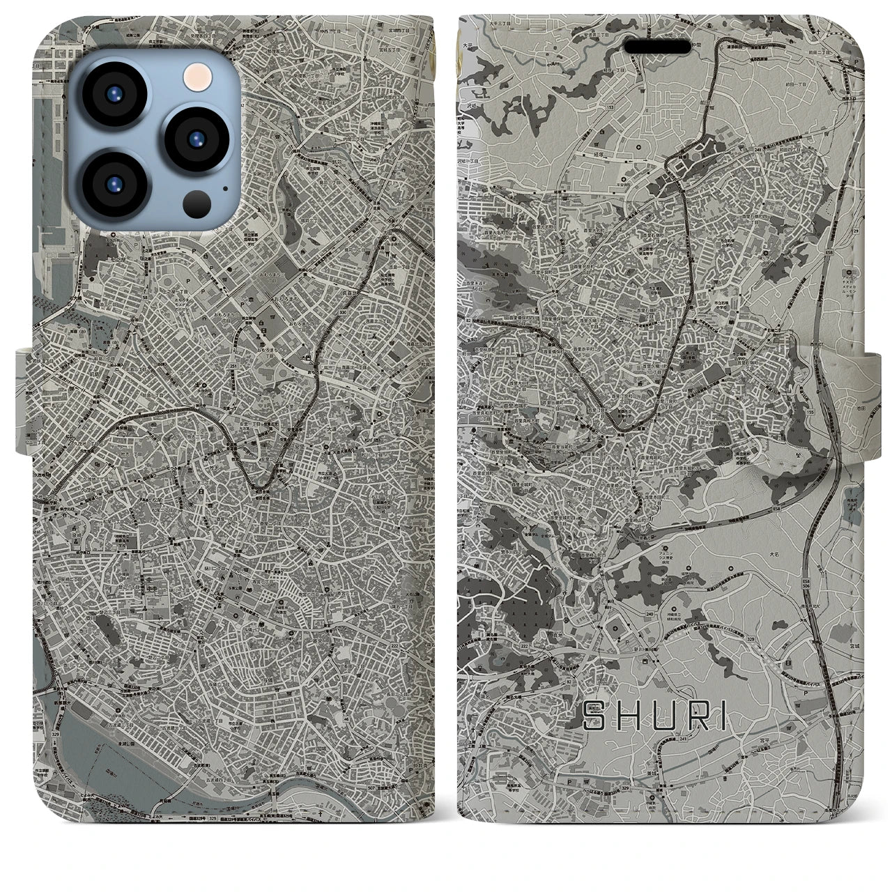 【首里(沖縄県)】地図柄iPhoneケース(手帳タイプ)モノトーン・iPhone 13 Pro Max 用