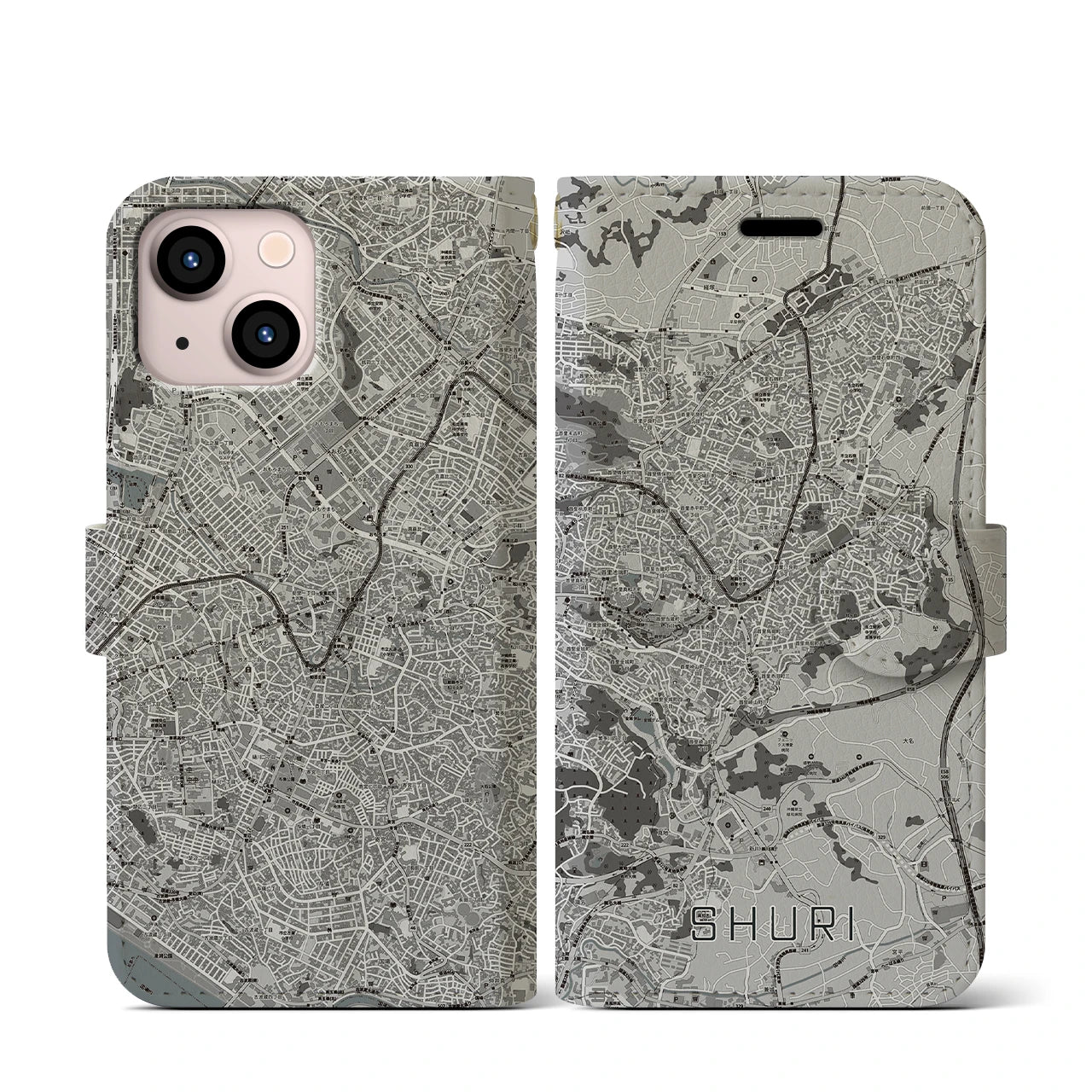 【首里(沖縄県)】地図柄iPhoneケース(手帳タイプ)モノトーン・iPhone 13 mini 用