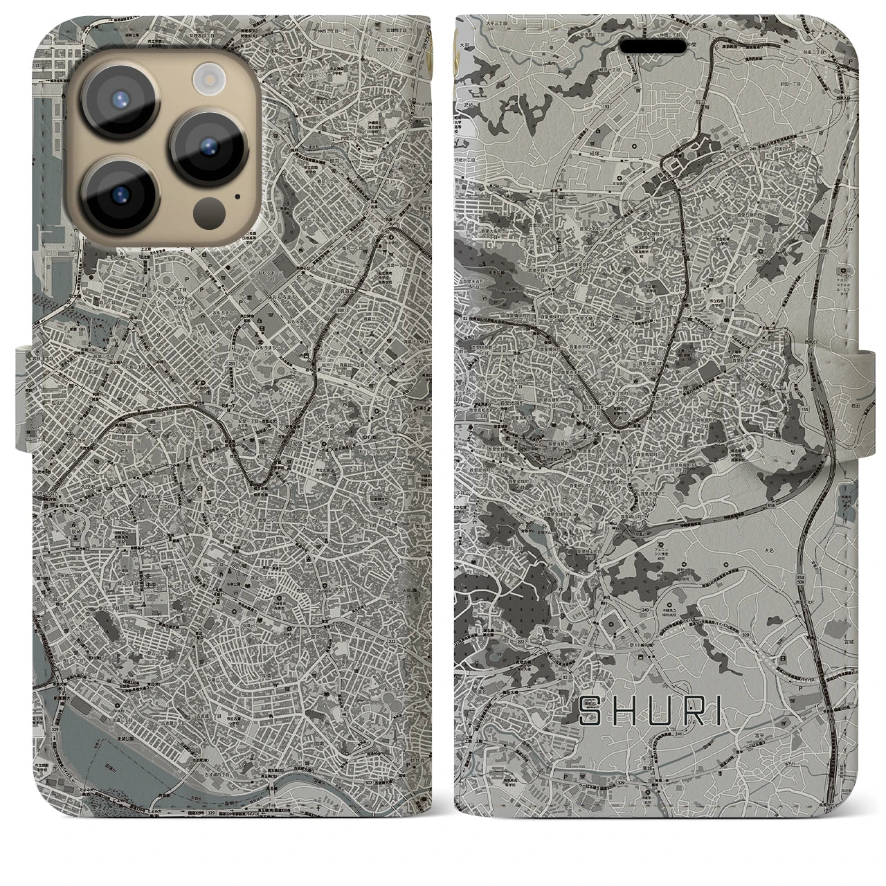 【首里(沖縄県)】地図柄iPhoneケース(手帳タイプ)モノトーン・iPhone 14 Pro Max 用
