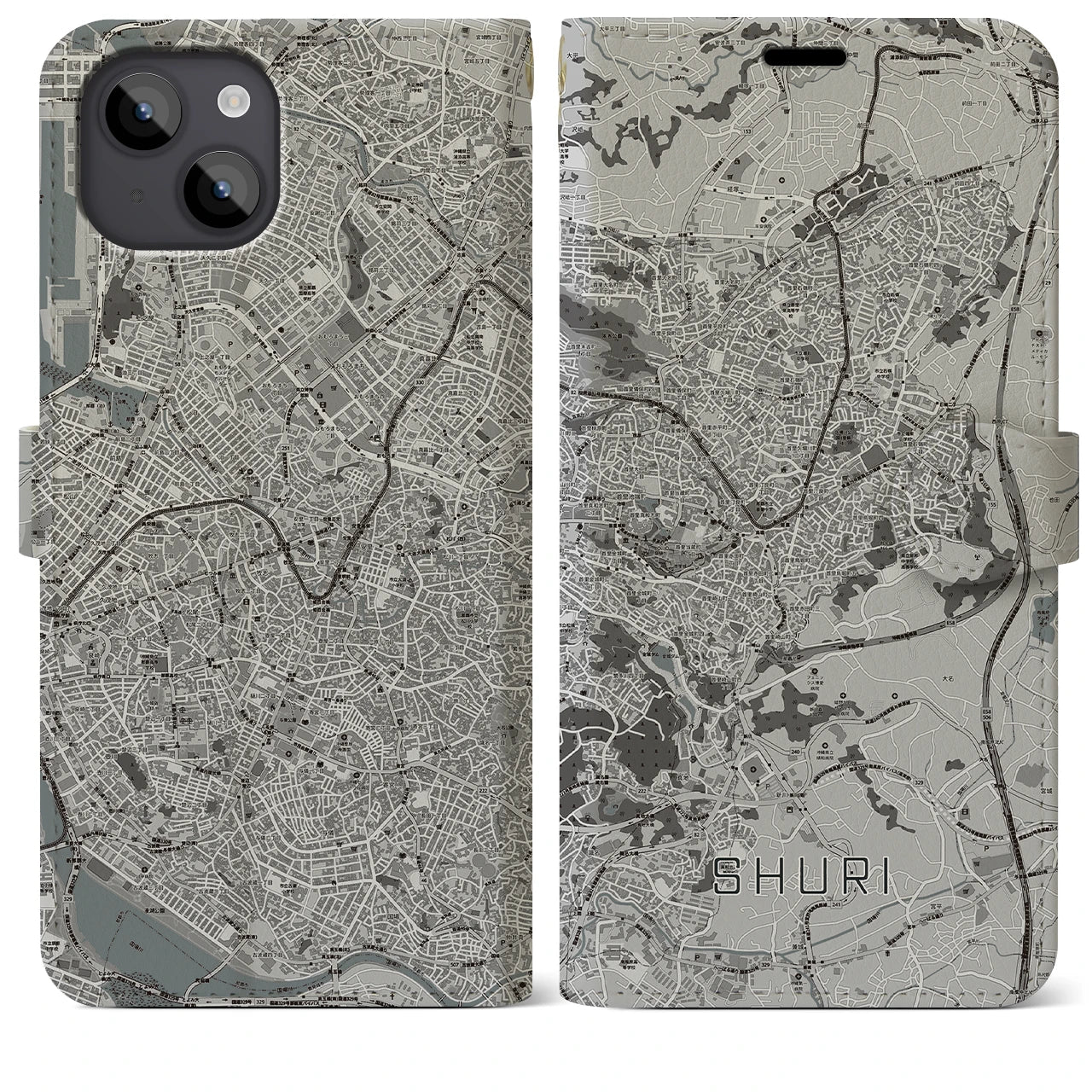 【首里(沖縄県)】地図柄iPhoneケース(手帳タイプ)モノトーン・iPhone 14 Plus 用