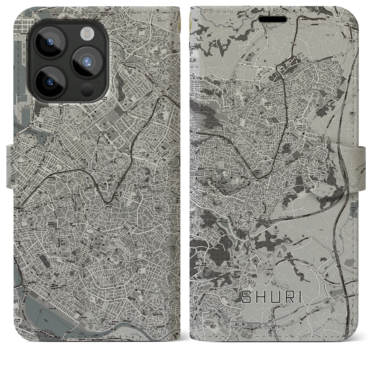 【首里(沖縄県)】地図柄iPhoneケース(手帳タイプ)モノトーン・iPhone 15 Pro Max 用