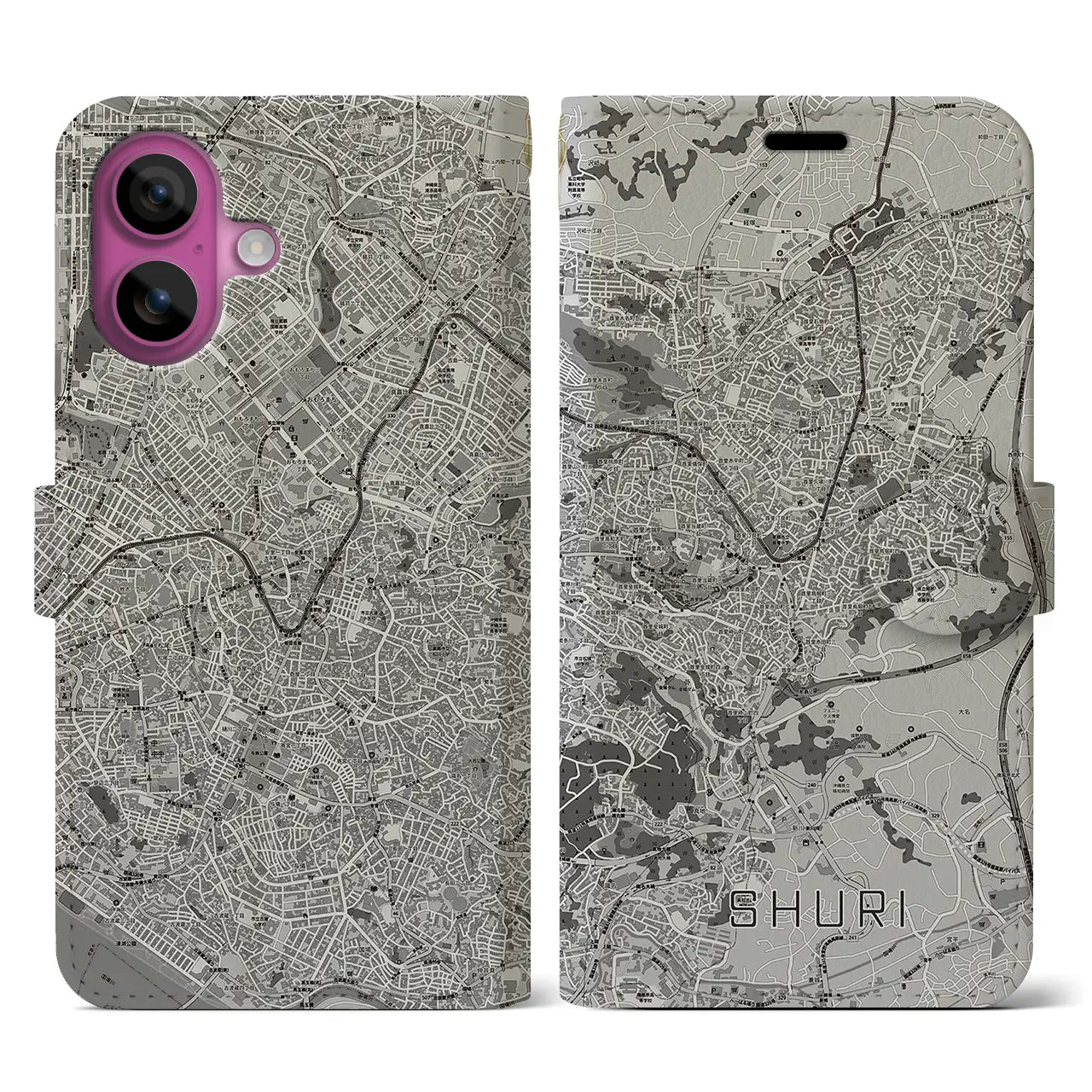 【首里(沖縄県)】地図柄iPhoneケース(手帳タイプ)モノトーン・iPhone 16 Pro 用