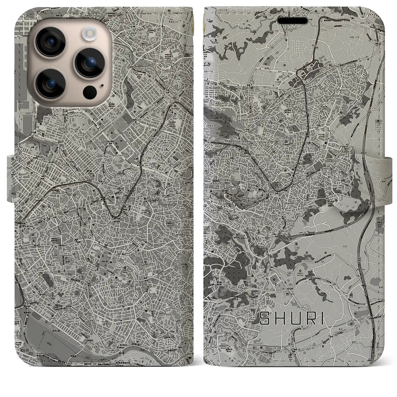 【首里(沖縄県)】地図柄iPhoneケース(手帳タイプ)モノトーン・iPhone 16 Plus 用