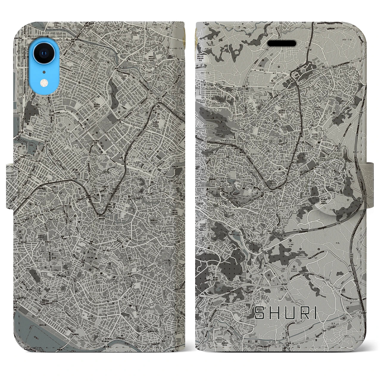 【首里(沖縄県)】地図柄iPhoneケース(手帳タイプ)モノトーン・iPhone XR 用