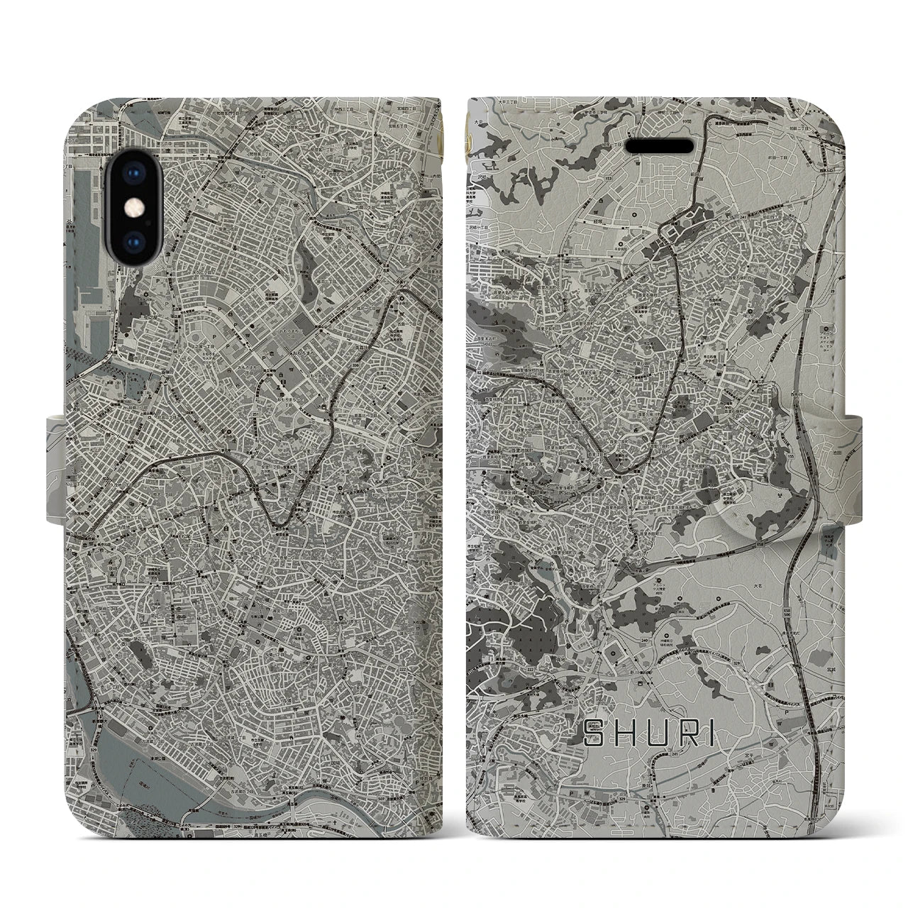 【首里(沖縄県)】地図柄iPhoneケース(手帳タイプ)モノトーン・iPhone XS / X 用