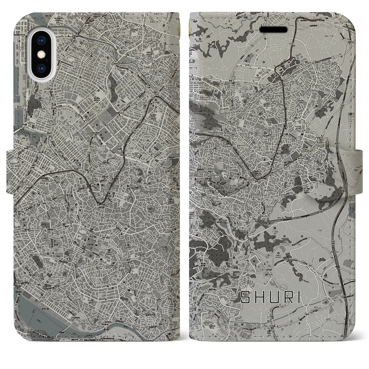 【首里(沖縄県)】地図柄iPhoneケース(手帳タイプ)モノトーン・iPhone XS Max 用