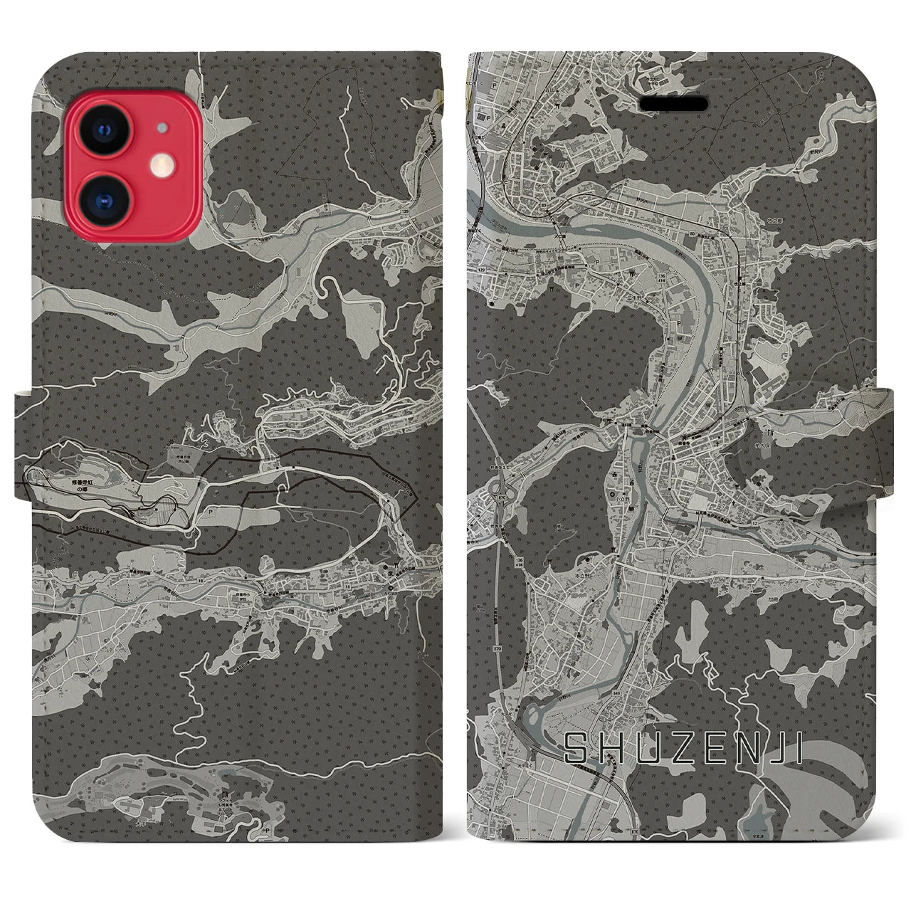 【修善寺(静岡県)】地図柄iPhoneケース(手帳タイプ)モノトーン・iPhone 11 用