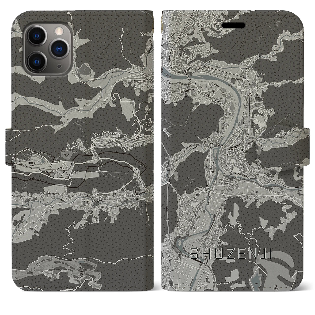 【修善寺(静岡県)】地図柄iPhoneケース(手帳タイプ)モノトーン・iPhone 11 Pro Max 用