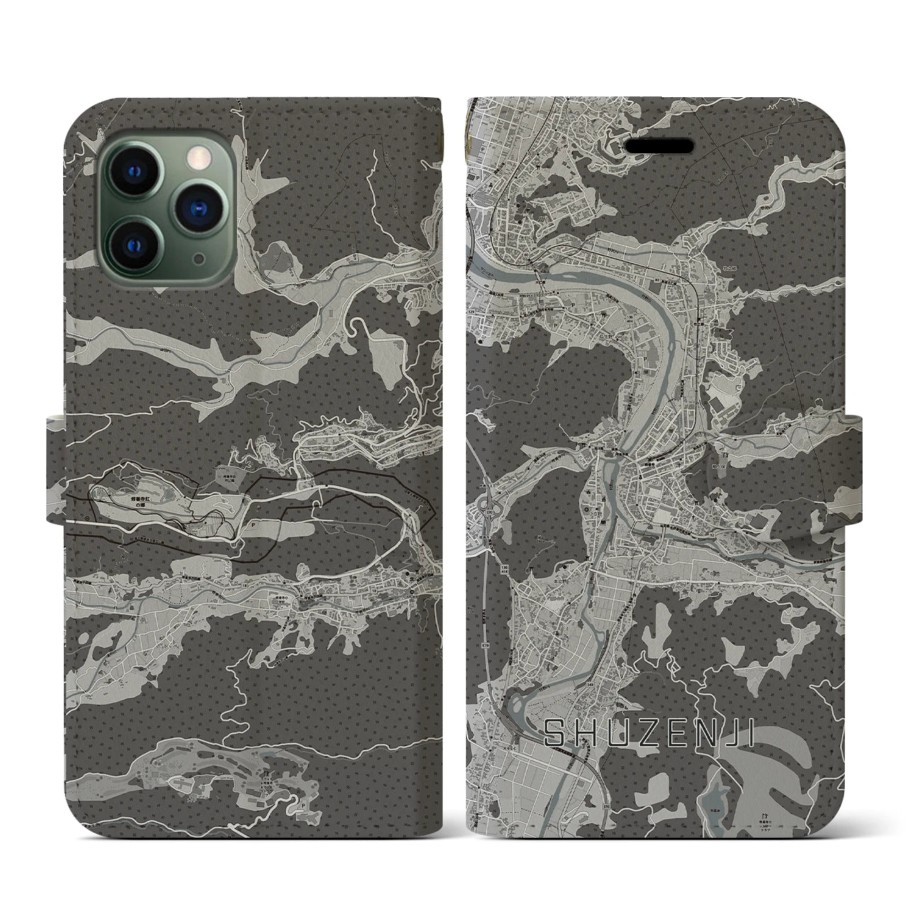 【修善寺(静岡県)】地図柄iPhoneケース(手帳タイプ)モノトーン・iPhone 11 Pro 用