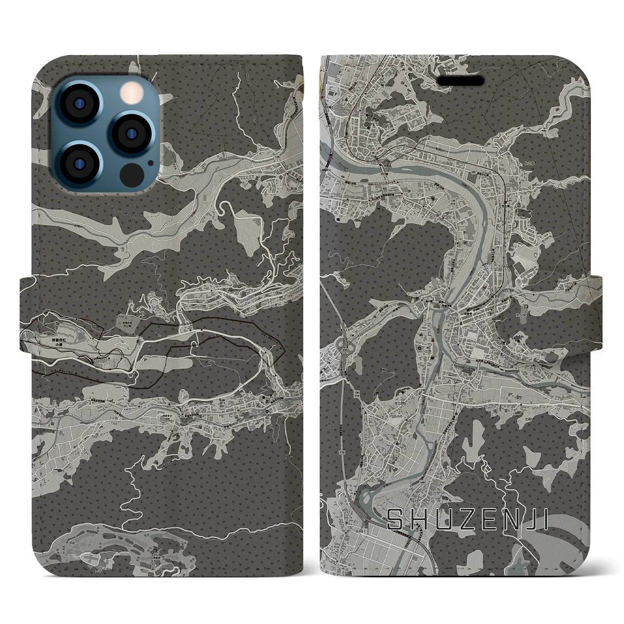 【修善寺(静岡県)】地図柄iPhoneケース(手帳タイプ)モノトーン・iPhone 12 / 12 Pro 用