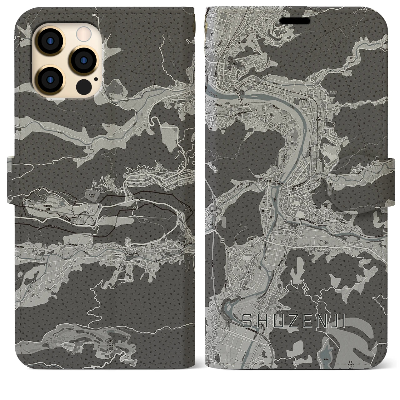 【修善寺(静岡県)】地図柄iPhoneケース(手帳タイプ)モノトーン・iPhone 12 Pro Max 用