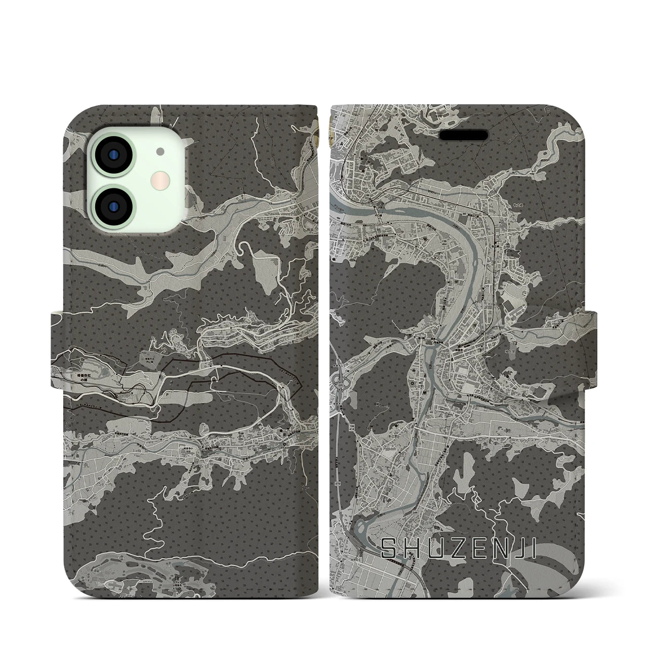 【修善寺(静岡県)】地図柄iPhoneケース(手帳タイプ)モノトーン・iPhone 12 mini 用