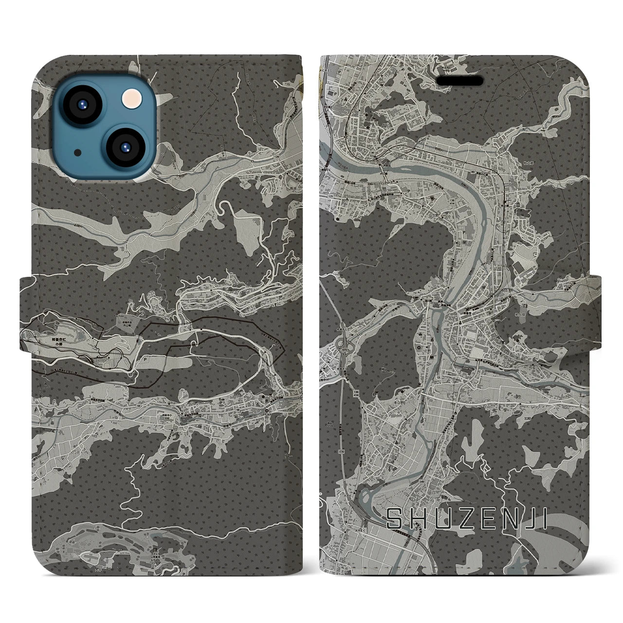 【修善寺(静岡県)】地図柄iPhoneケース(手帳タイプ)モノトーン・iPhone 13 用