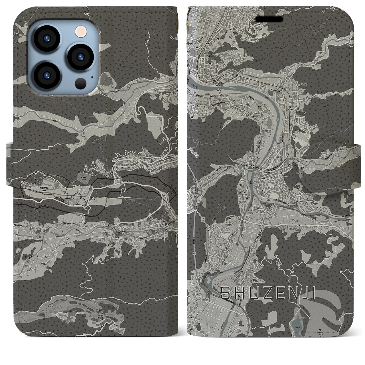 【修善寺(静岡県)】地図柄iPhoneケース(手帳タイプ)モノトーン・iPhone 13 Pro Max 用