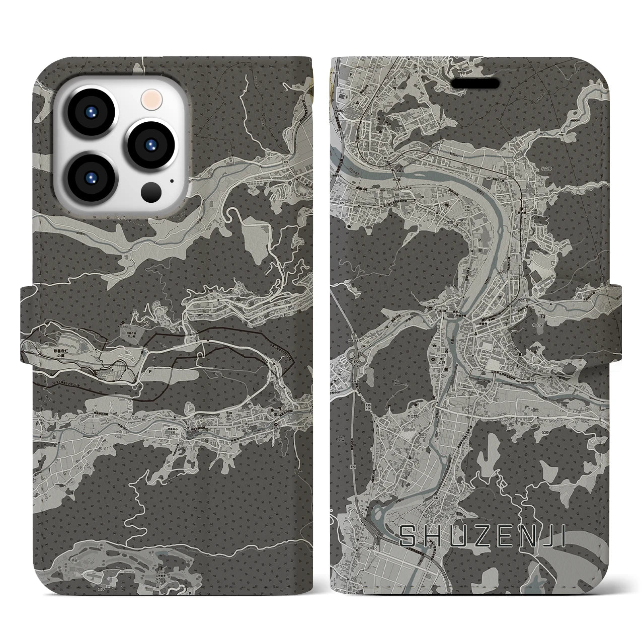 【修善寺(静岡県)】地図柄iPhoneケース(手帳タイプ)モノトーン・iPhone 13 Pro 用