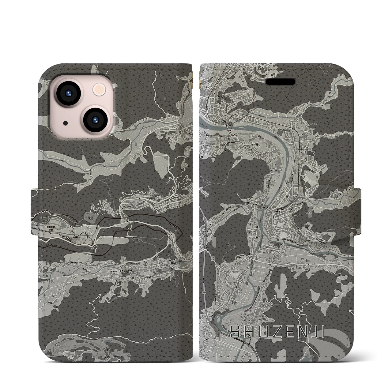 【修善寺(静岡県)】地図柄iPhoneケース(手帳タイプ)モノトーン・iPhone 13 mini 用