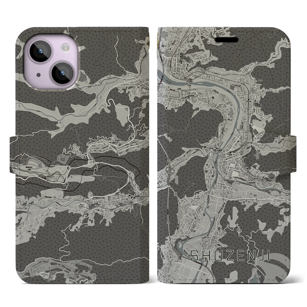 【修善寺(静岡県)】地図柄iPhoneケース(手帳タイプ)モノトーン・iPhone 14 用
