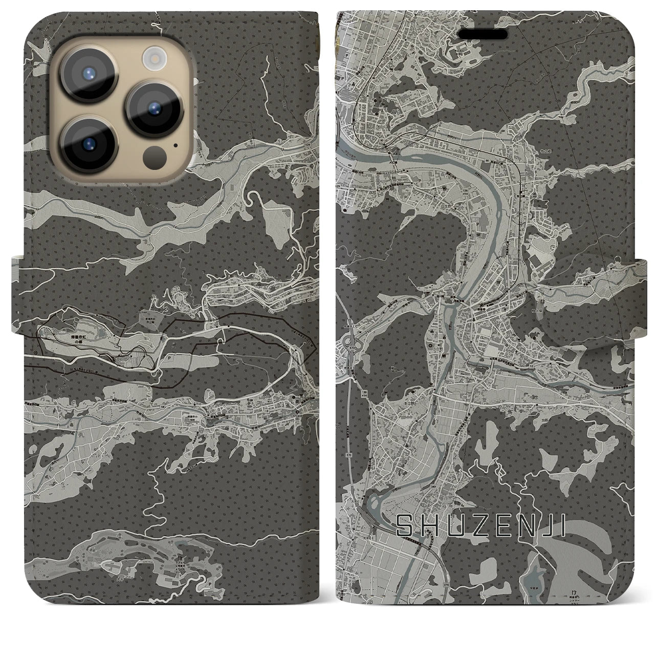【修善寺(静岡県)】地図柄iPhoneケース(手帳タイプ)モノトーン・iPhone 14 Pro Max 用