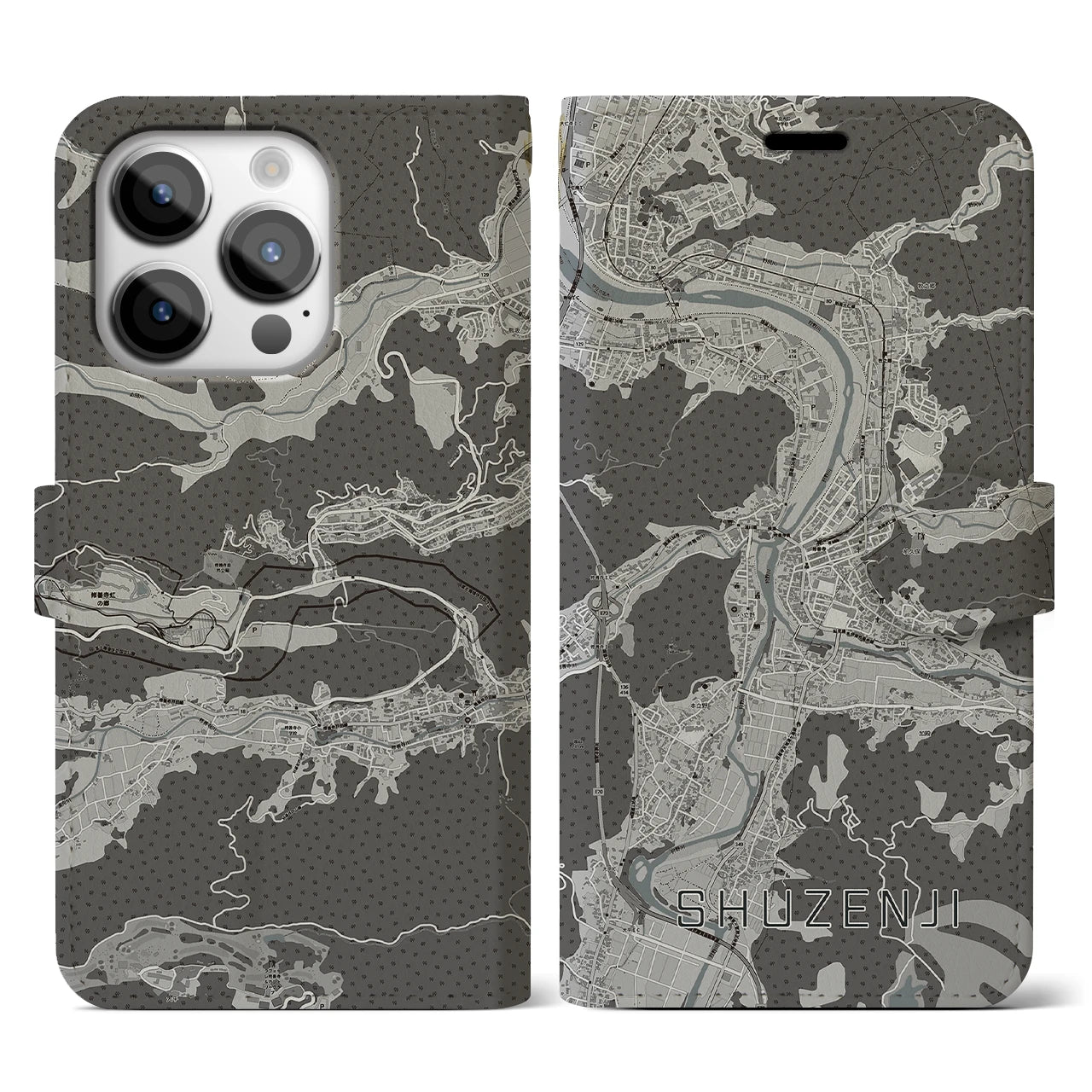 【修善寺(静岡県)】地図柄iPhoneケース(手帳タイプ)モノトーン・iPhone 14 Pro 用