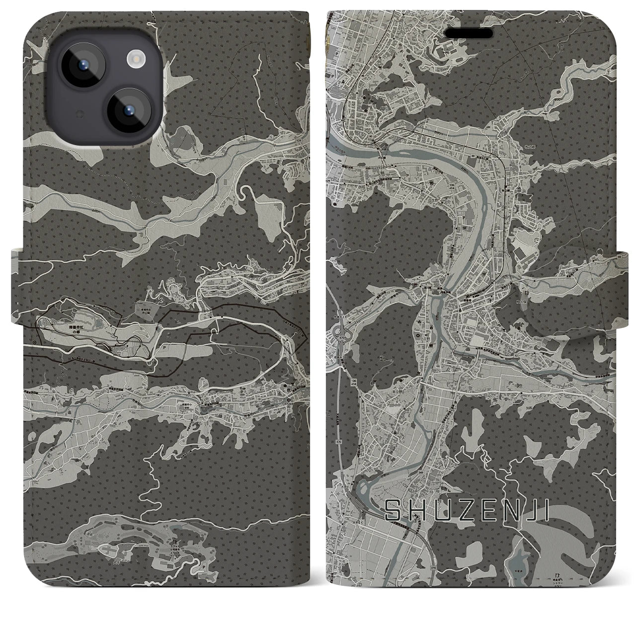 【修善寺(静岡県)】地図柄iPhoneケース(手帳タイプ)モノトーン・iPhone 14 Plus 用