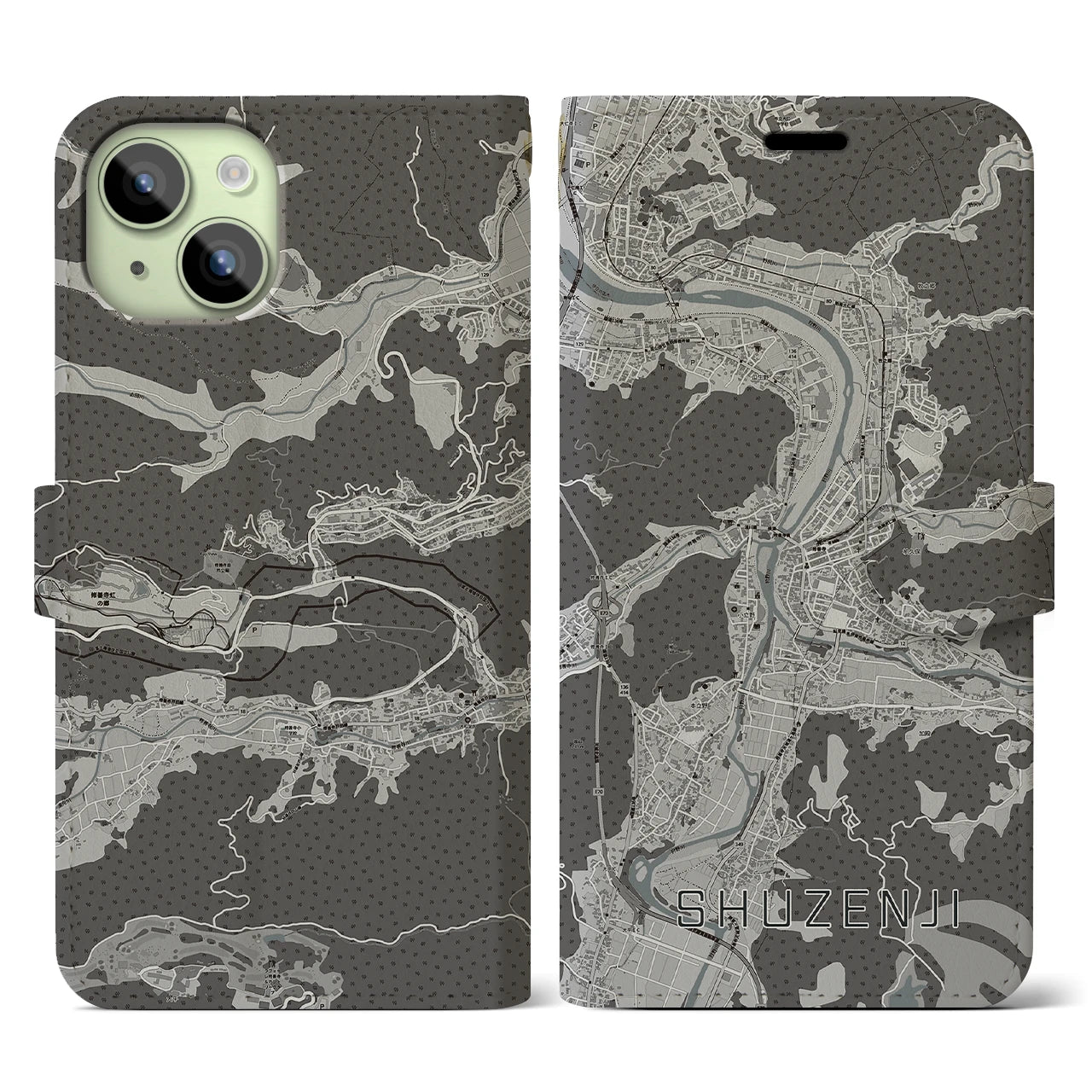 【修善寺(静岡県)】地図柄iPhoneケース(手帳タイプ)モノトーン・iPhone 15 用