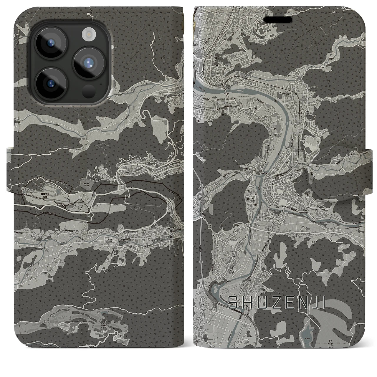 【修善寺(静岡県)】地図柄iPhoneケース(手帳タイプ)モノトーン・iPhone 15 Pro Max 用