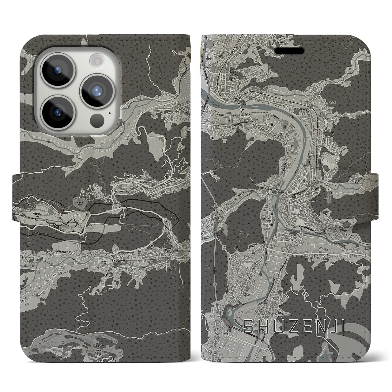 【修善寺(静岡県)】地図柄iPhoneケース(手帳タイプ)モノトーン・iPhone 15 Pro 用