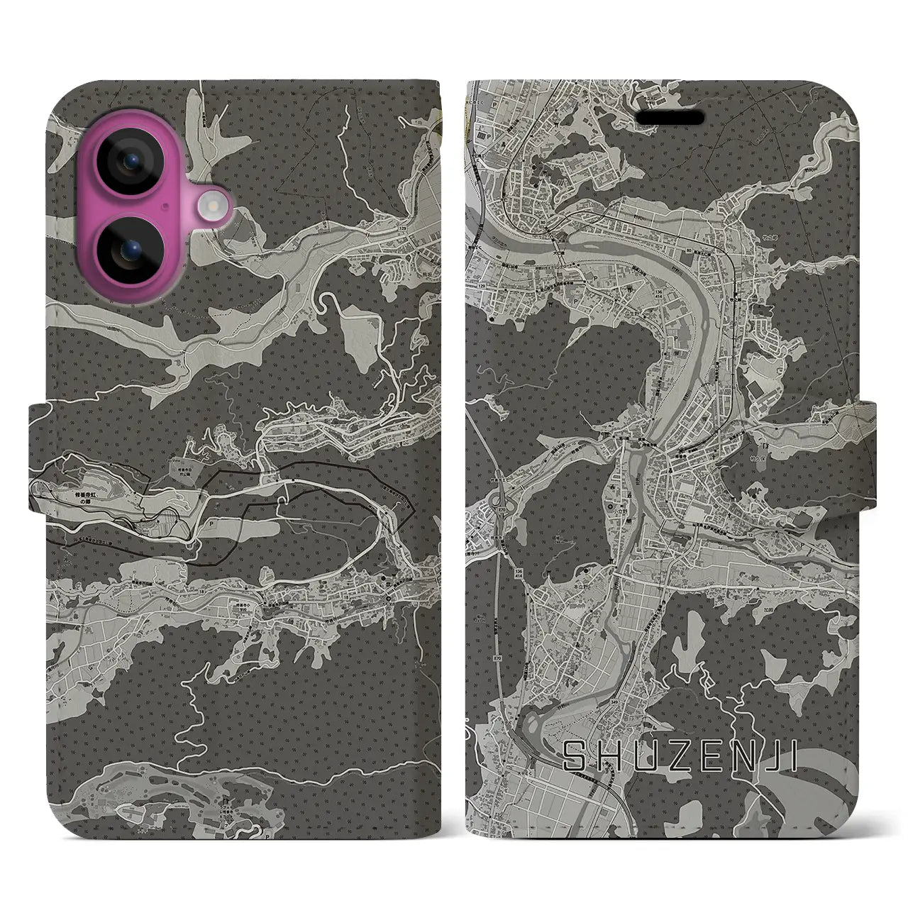 【修善寺(静岡県)】地図柄iPhoneケース(手帳タイプ)モノトーン・iPhone 16 Pro 用