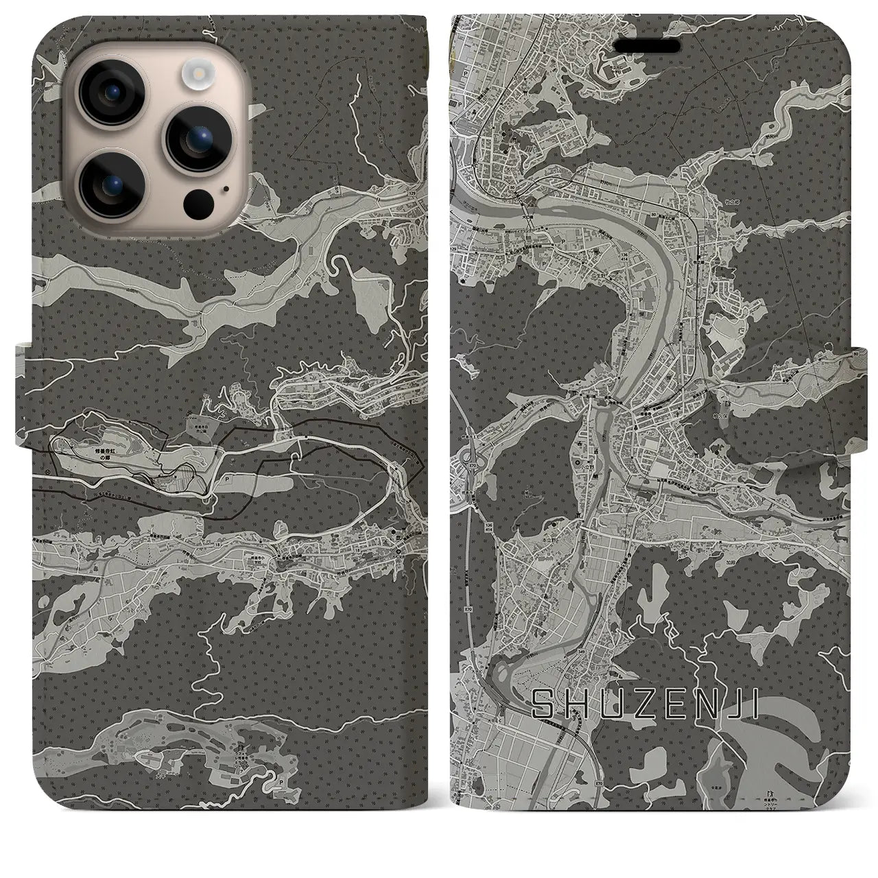【修善寺(静岡県)】地図柄iPhoneケース(手帳タイプ)モノトーン・iPhone 16 Plus 用