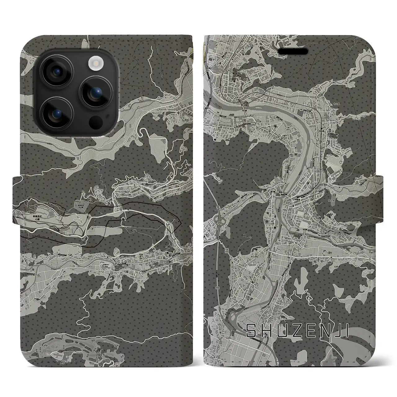 【修善寺(静岡県)】地図柄iPhoneケース(手帳タイプ)モノトーン・iPhone 16 用