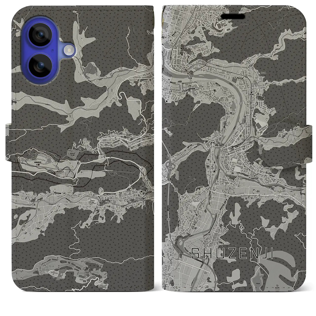 【修善寺(静岡県)】地図柄iPhoneケース(手帳タイプ)モノトーン・iPhone 16 Pro Max 用