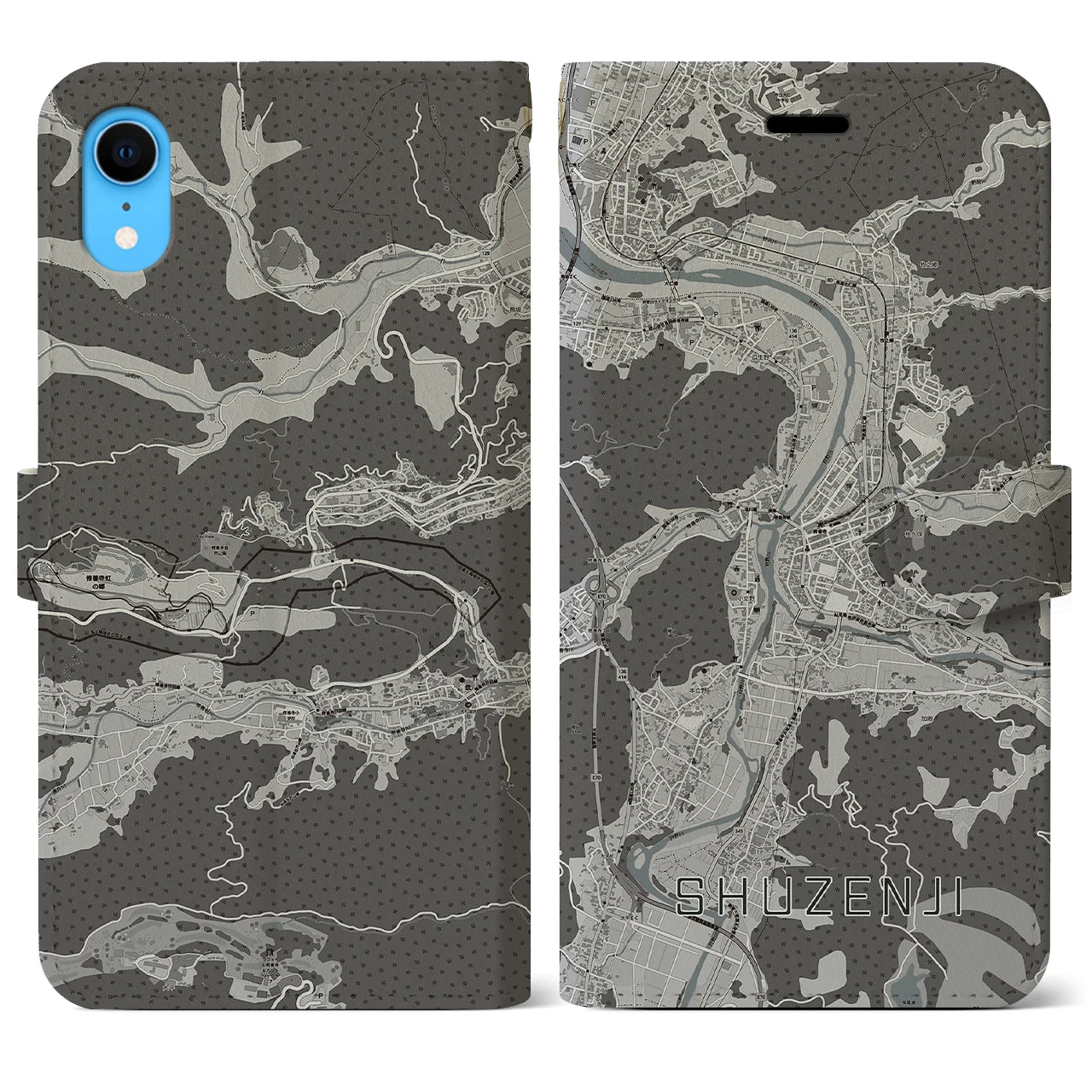 【修善寺(静岡県)】地図柄iPhoneケース(手帳タイプ)モノトーン・iPhone XR 用