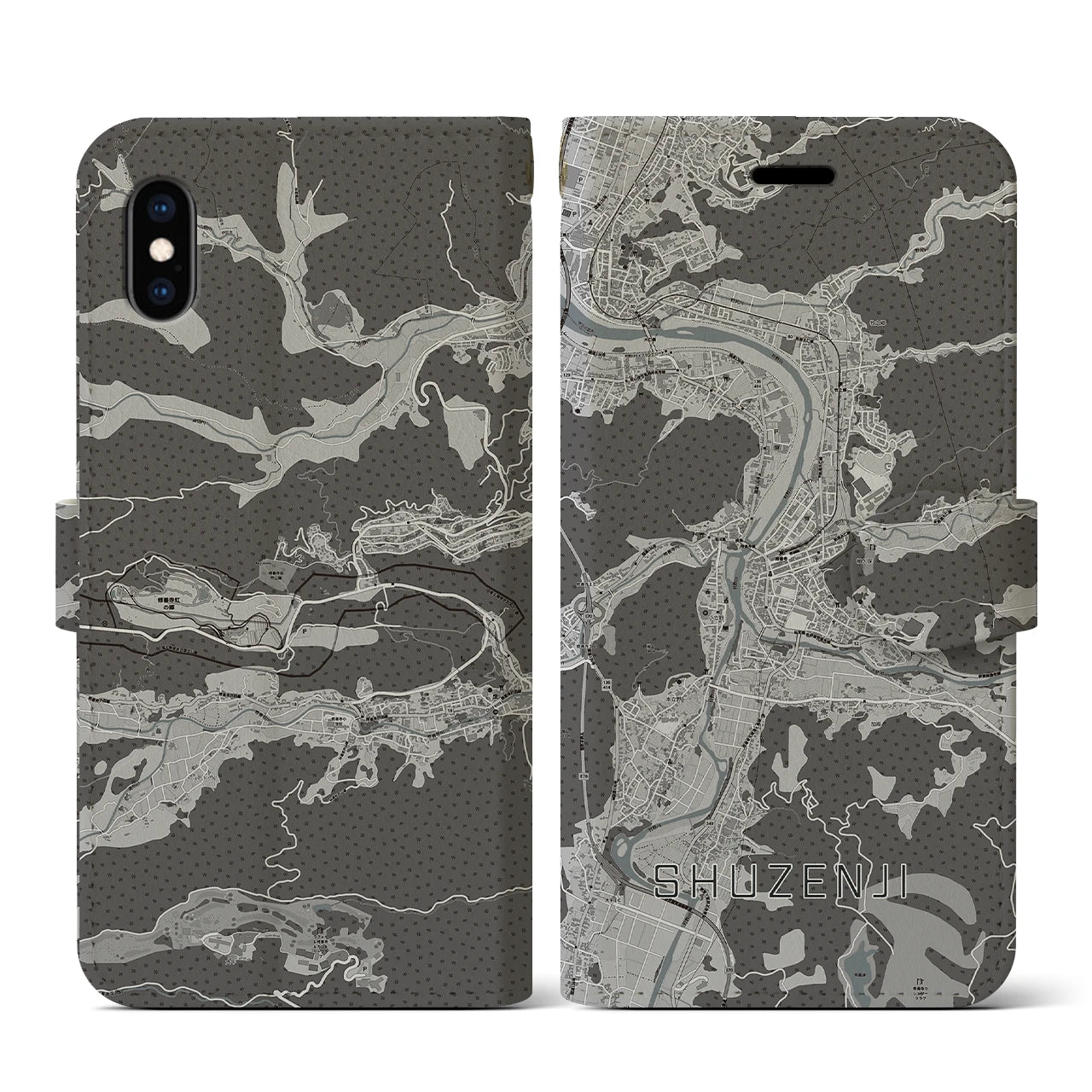 【修善寺(静岡県)】地図柄iPhoneケース(手帳タイプ)モノトーン・iPhone XS / X 用