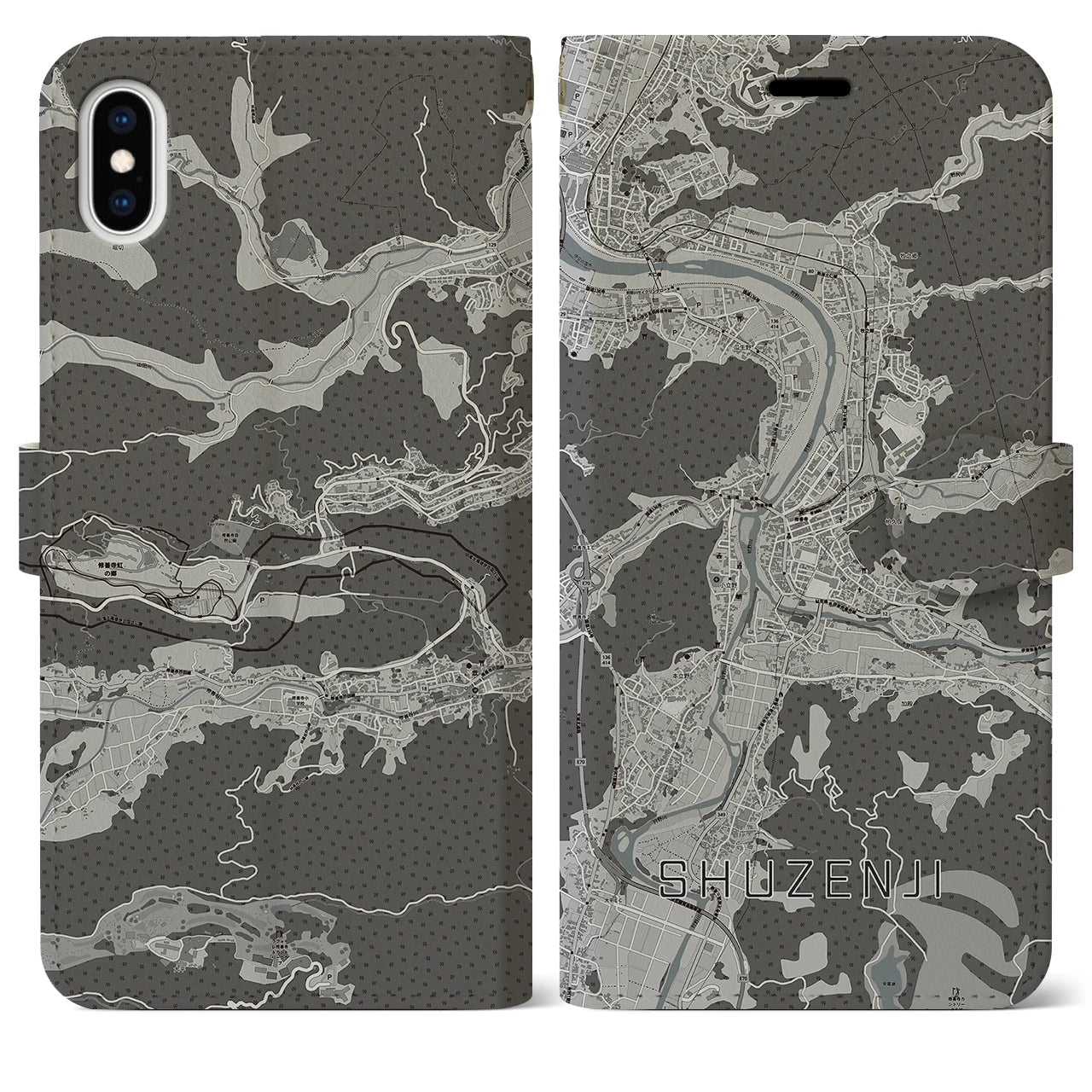 【修善寺(静岡県)】地図柄iPhoneケース(手帳タイプ)モノトーン・iPhone XS Max 用
