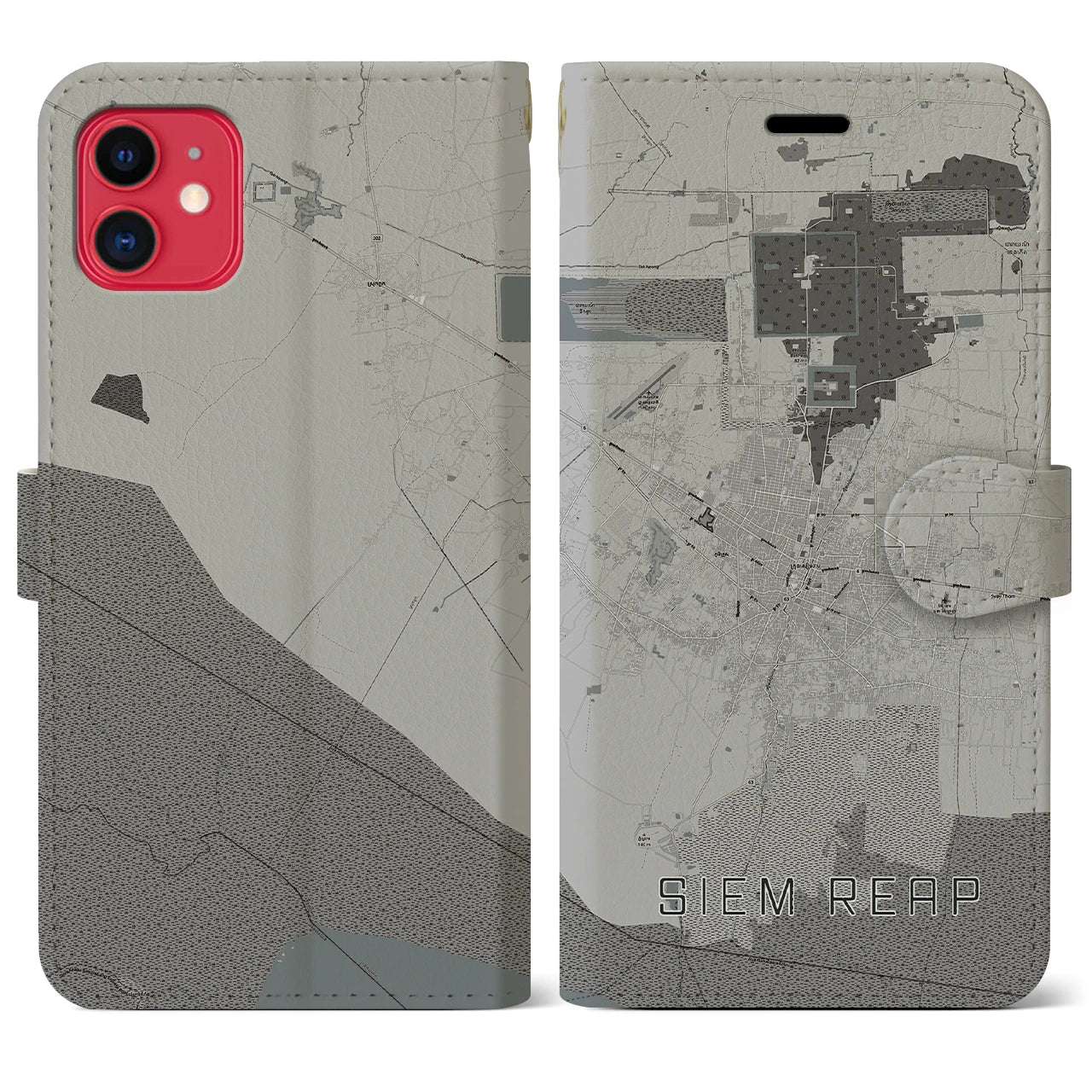 【シェムリアップ(カンボジア)】地図柄iPhoneケース(手帳タイプ)モノトーン・iPhone 11 用