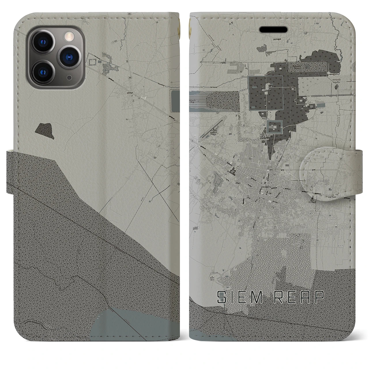 【シェムリアップ(カンボジア)】地図柄iPhoneケース(手帳タイプ)モノトーン・iPhone 11 Pro Max 用