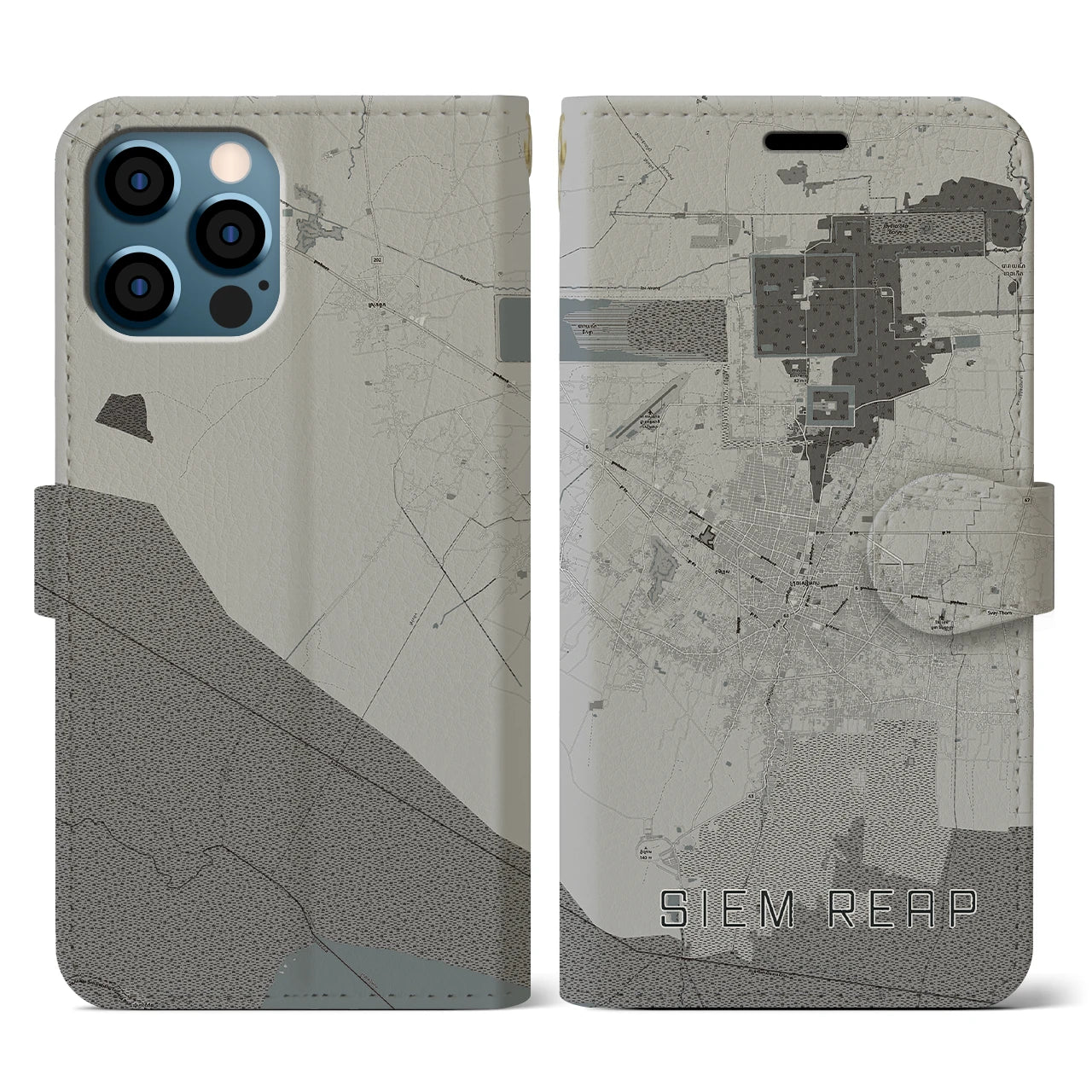 【シェムリアップ(カンボジア)】地図柄iPhoneケース(手帳タイプ)モノトーン・iPhone 12 / 12 Pro 用