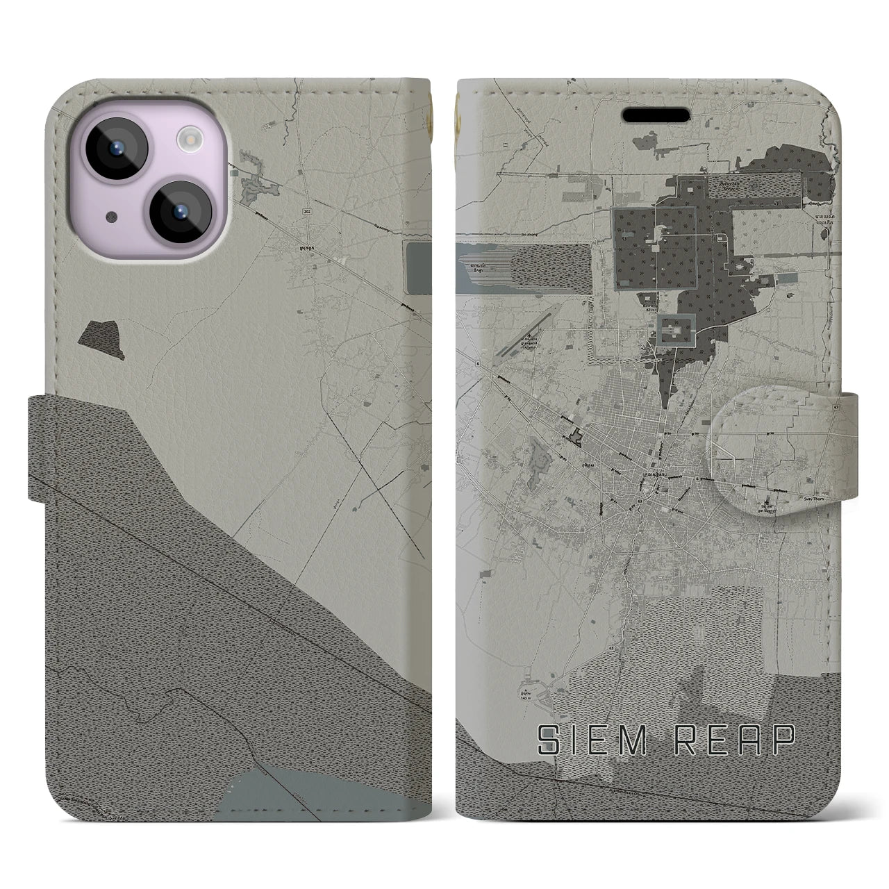 【シェムリアップ(カンボジア)】地図柄iPhoneケース(手帳タイプ)モノトーン・iPhone 14 用