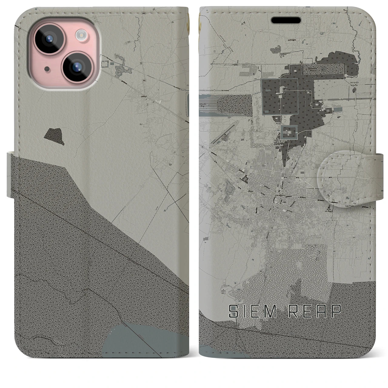 【シェムリアップ(カンボジア)】地図柄iPhoneケース(手帳タイプ)モノトーン・iPhone 15 Plus 用