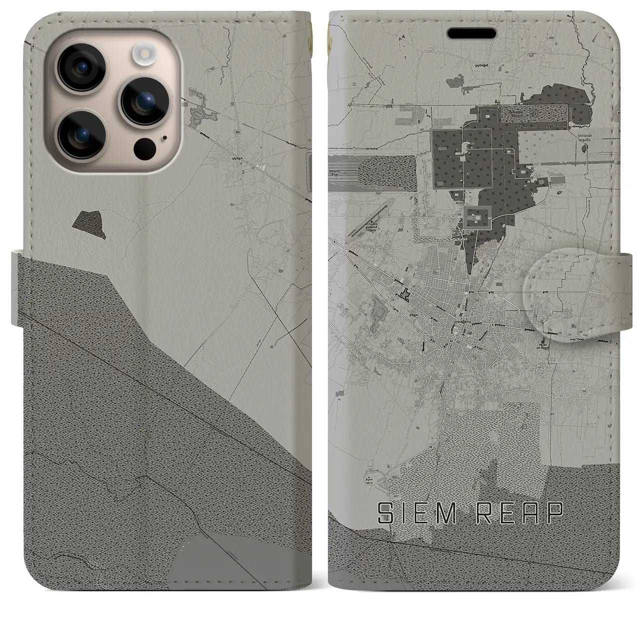 【シェムリアップ(カンボジア)】地図柄iPhoneケース(手帳タイプ)モノトーン・iPhone 16 Plus 用