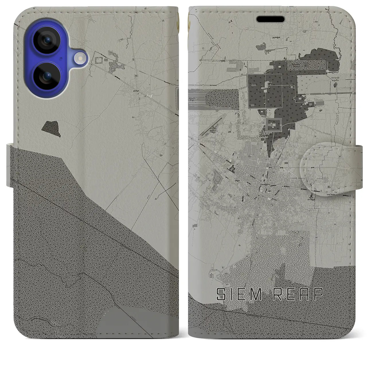 【シェムリアップ(カンボジア)】地図柄iPhoneケース(手帳タイプ)モノトーン・iPhone 16 Pro Max 用
