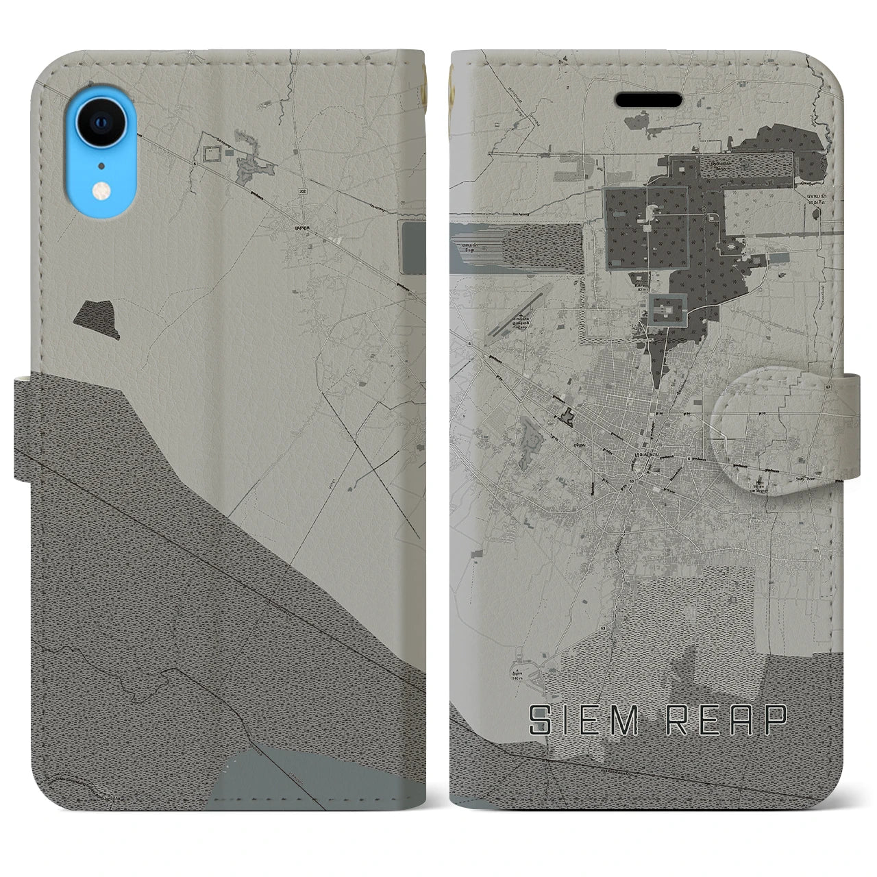 【シェムリアップ(カンボジア)】地図柄iPhoneケース(手帳タイプ)モノトーン・iPhone XR 用