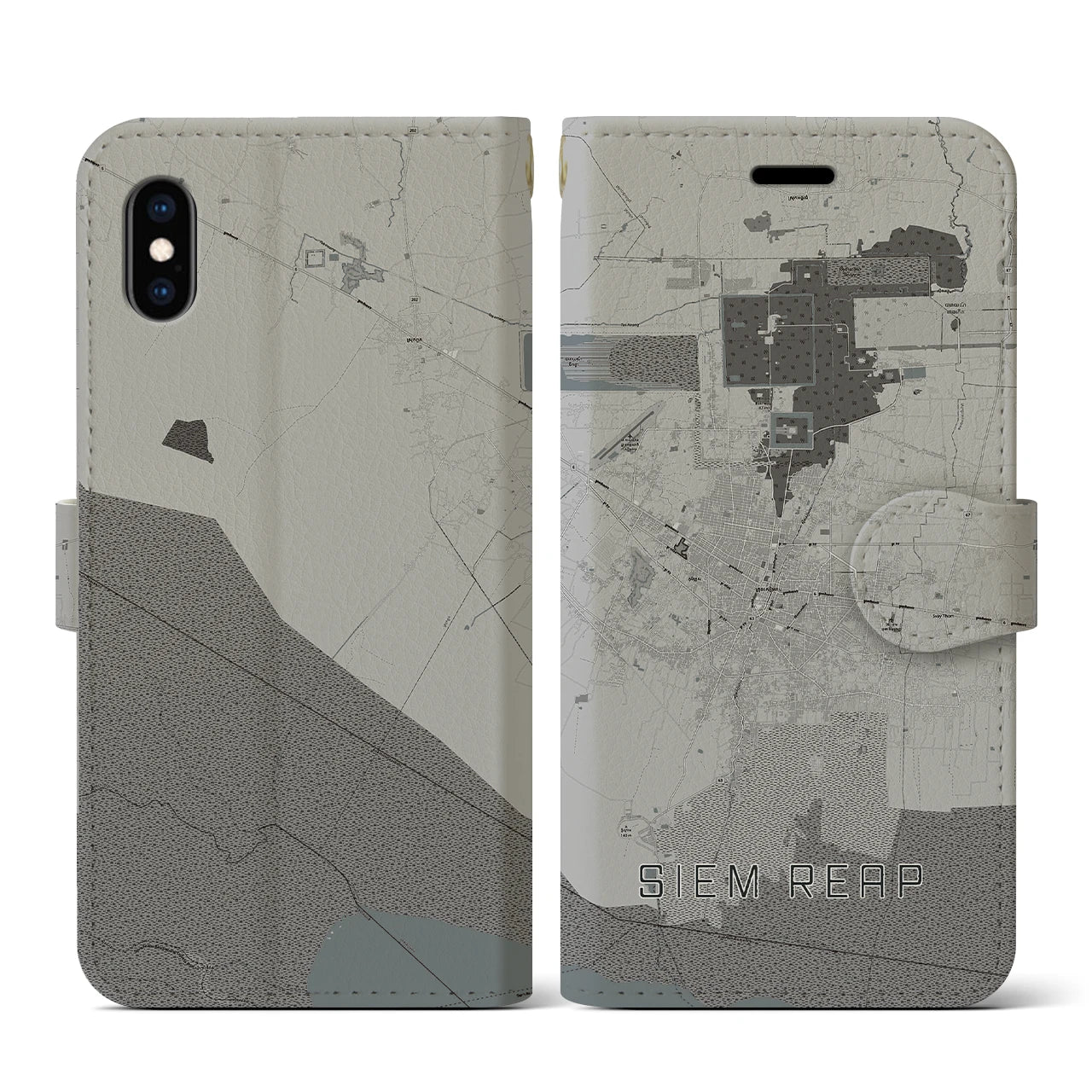 【シェムリアップ(カンボジア)】地図柄iPhoneケース(手帳タイプ)モノトーン・iPhone XS / X 用