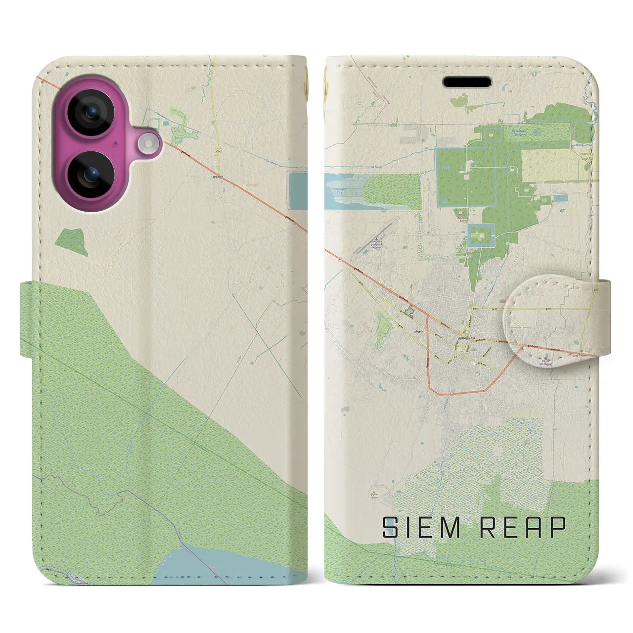 【シェムリアップ(カンボジア)】地図柄iPhoneケース(手帳タイプ)ナチュラル・iPhone 16 Pro 用
