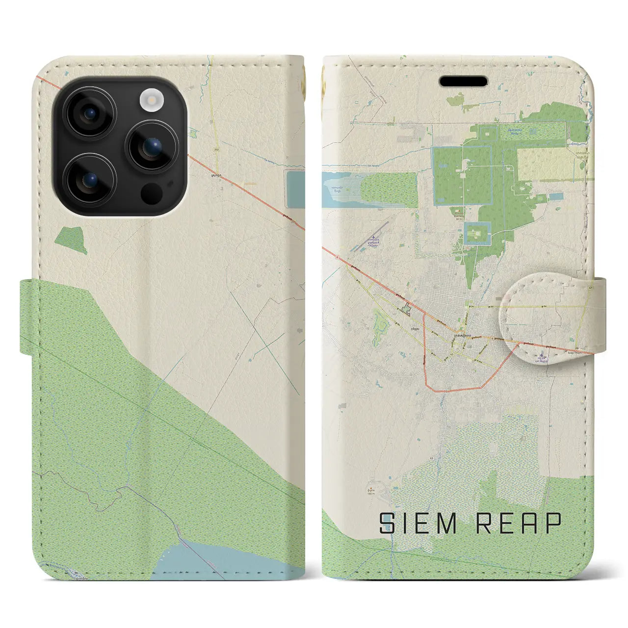 【シェムリアップ(カンボジア)】地図柄iPhoneケース(手帳タイプ)ナチュラル・iPhone 16 用
